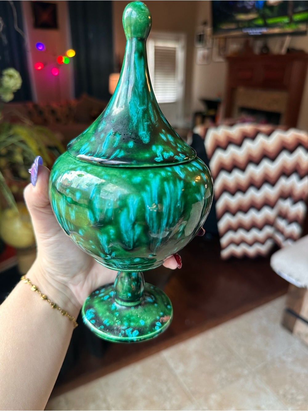 Vintage Drip Glaze Ceramic Apothecary Jar: Lidded Candy Dish Blue Green